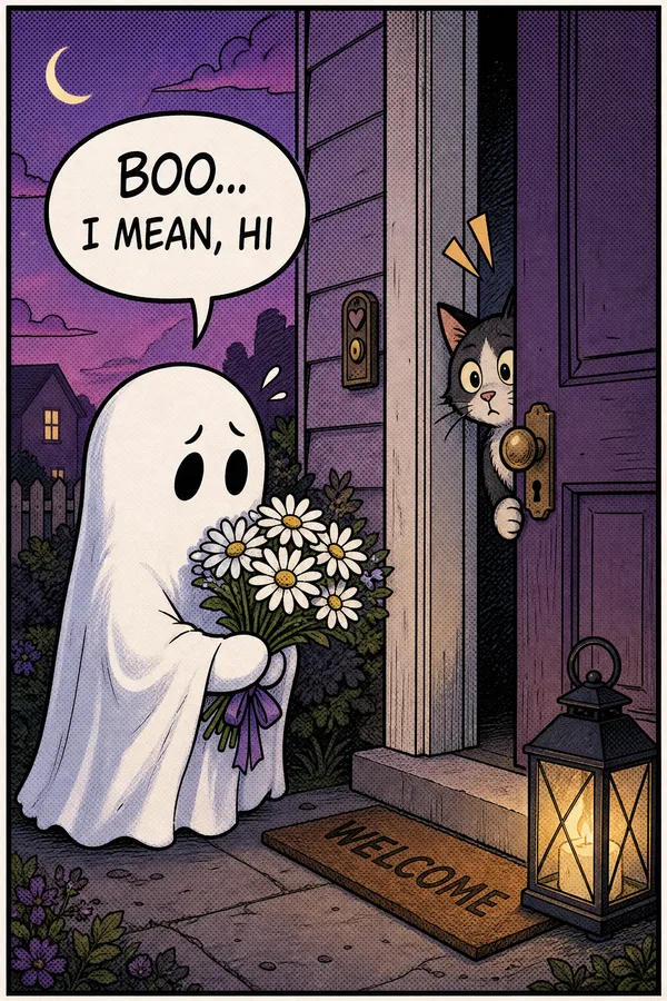 A comic panel of a shy ghost holding daisies at a front door with a speech bubble saying Boo, I mean, hi.