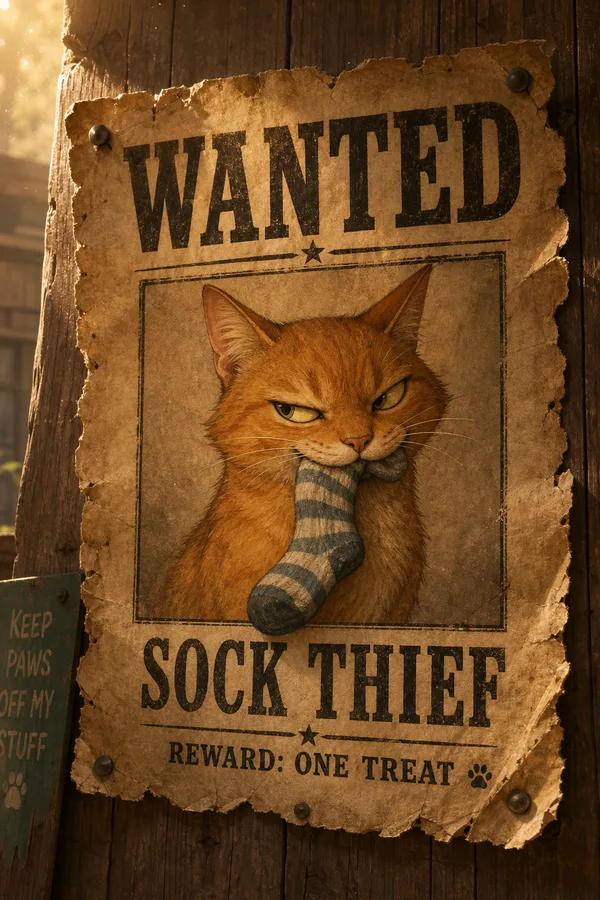 An old wanted poster of an orange cat with a sock in its mouth, labeled Wanted, Sock Thief, Reward: one treat.