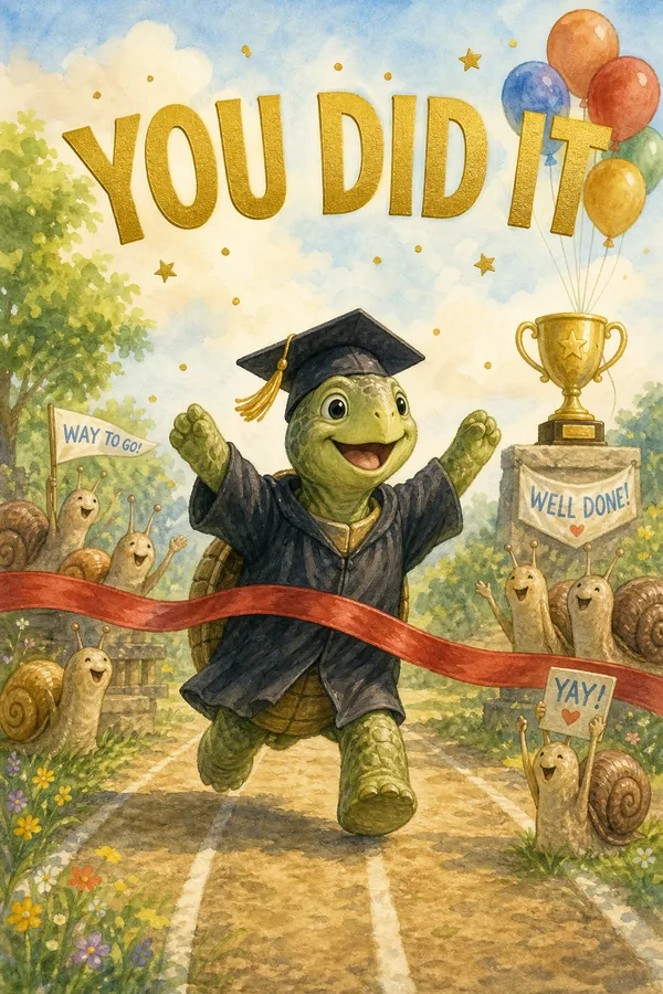 A graduation card of a turtle in a cap and gown crossing a finish line as snails cheer, with You Did It in gold letters.