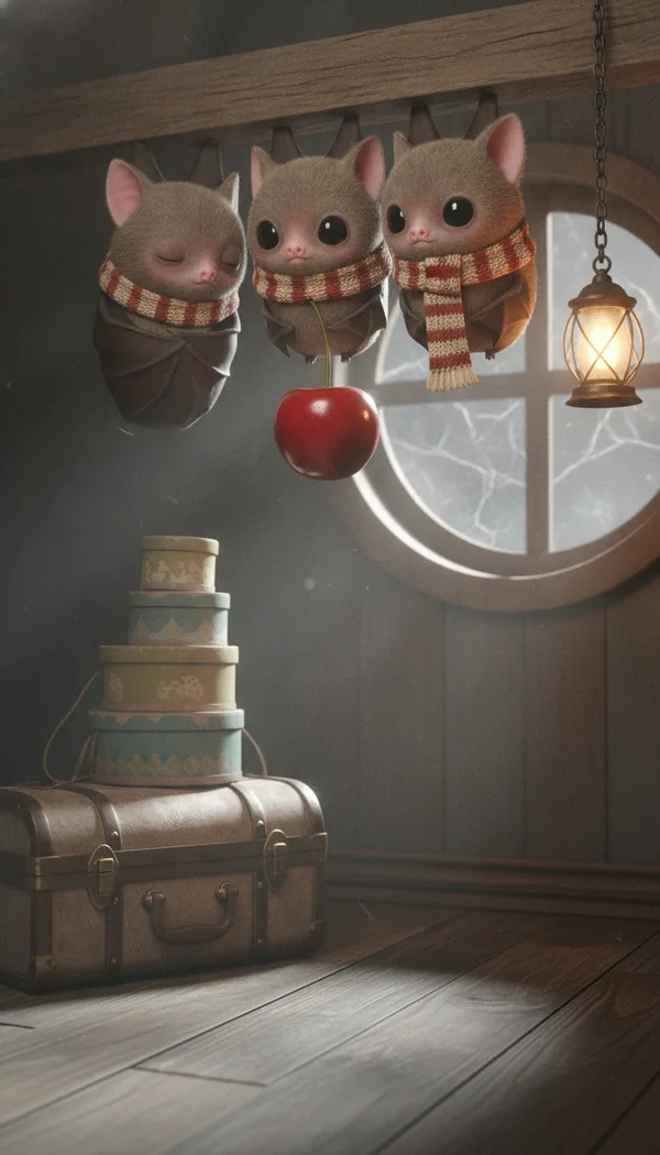 Three baby bats in striped knit scarves hanging upside down from an attic beam, sharing a cherry, beside a round moonlit window.