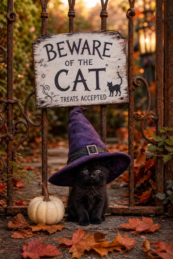 A tiny black kitten in an oversized purple witch hat sitting under a Beware of the Cat sign on a garden gate, among fallen leaves.