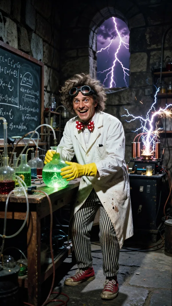 A mad scientist with wild curly hair, goggles and a polka-dot bow tie cackling over a bubbling green beaker in a stone tower lab.
