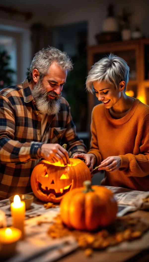 A man with a bushy grey beard and a woman with a silver pixie cut carving pumpkins at a newspaper-covered kitchen table by candlelight.