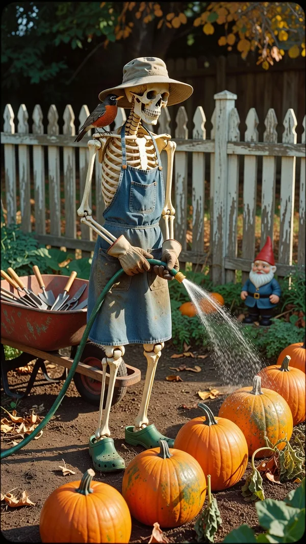 A skeleton in a sun hat, denim apron and rubber clogs watering prize pumpkins in a sunny backyard garden, with a robin on its shoulder.