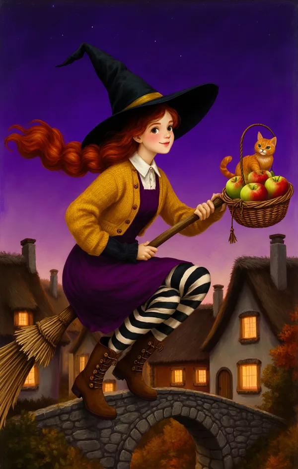 A young witch with an auburn braid in a pointed hat and striped stockings riding a broom over an autumn village at dusk, with a ginger cat behind her.