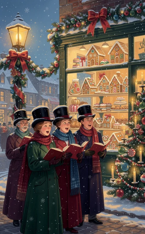 Carolers in wool coats and top hats singing on a snowy main street outside a bakery window at dusk.