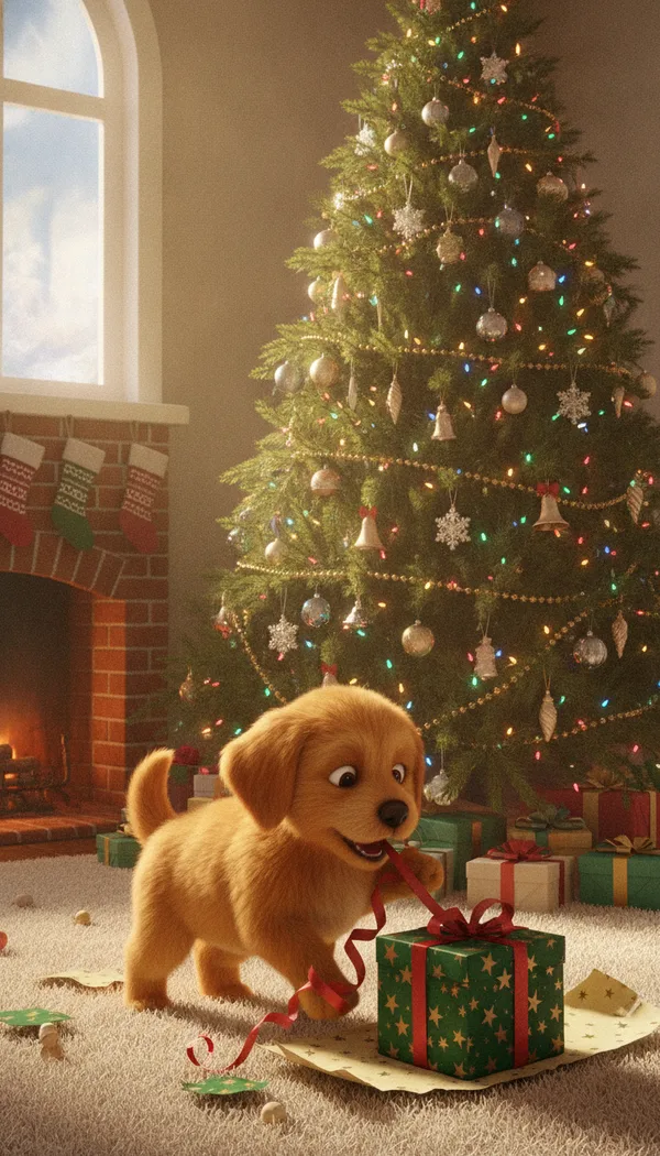 A golden retriever puppy tugging a gift ribbon under a lit Christmas tree beside a fireplace hung with stockings.