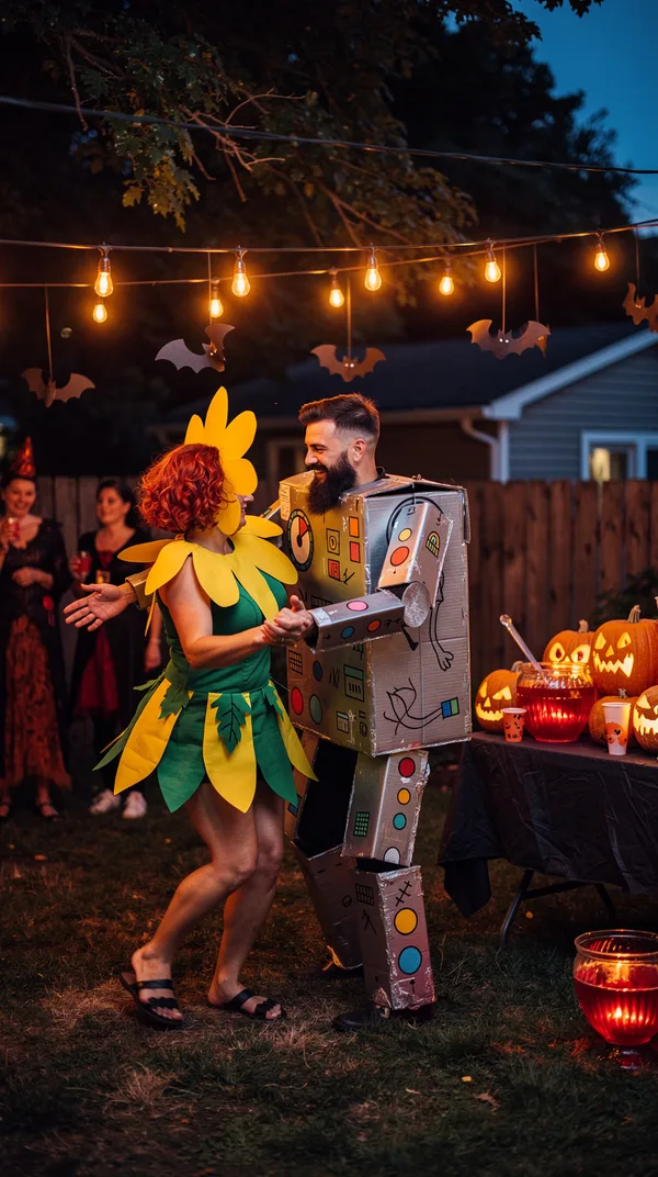 A woman in a sunflower costume and a man in a cardboard robot costume dancing at a backyard Halloween party under orange lights.