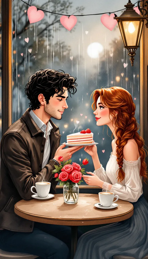 A man and a woman sharing strawberry cake at a café table by a rainy window, with red roses and pink paper hearts.