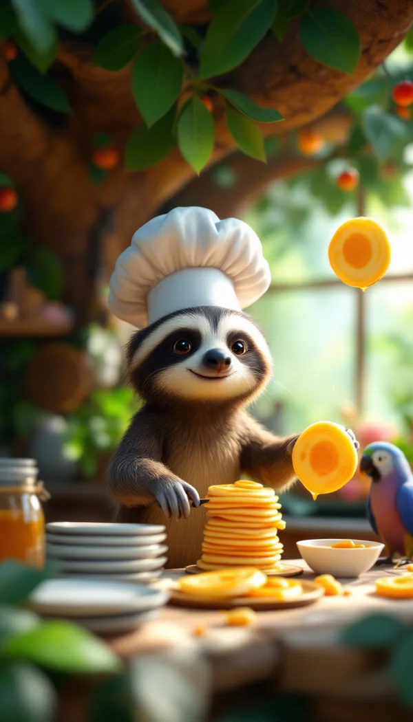 A sloth in a chef's hat flipping pancakes in a treehouse kitchen