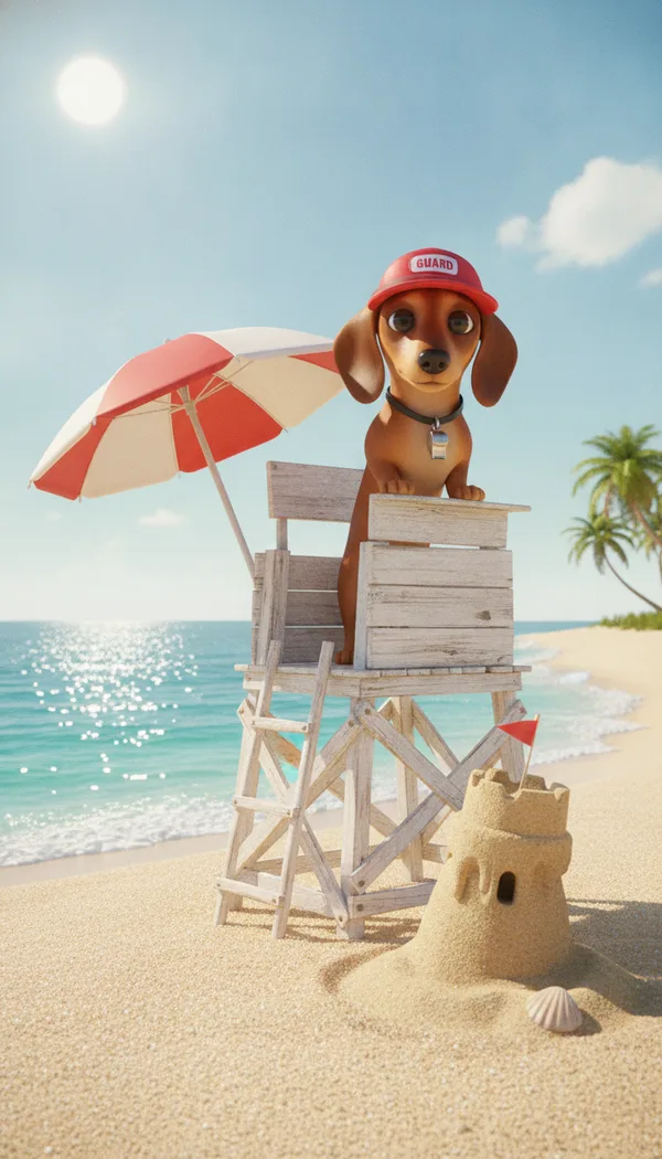After: A dachshund in a red lifeguard visor with a whistle keeps watch from a tiny lifeguard tower on a sunny beach, beside a striped umbrella and a lopsided sandcastle. Glossy 3D animation, bright noon light.