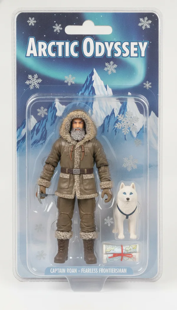 An arctic explorer action figure with a sled dog and accessories, sealed in a snowflake blister pack.