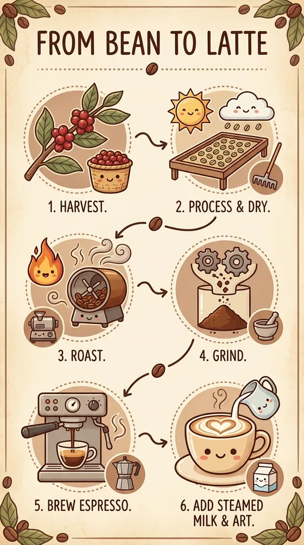An illustrated infographic titled From Bean to Latte, with six numbered steps from coffee cherry to latte art.