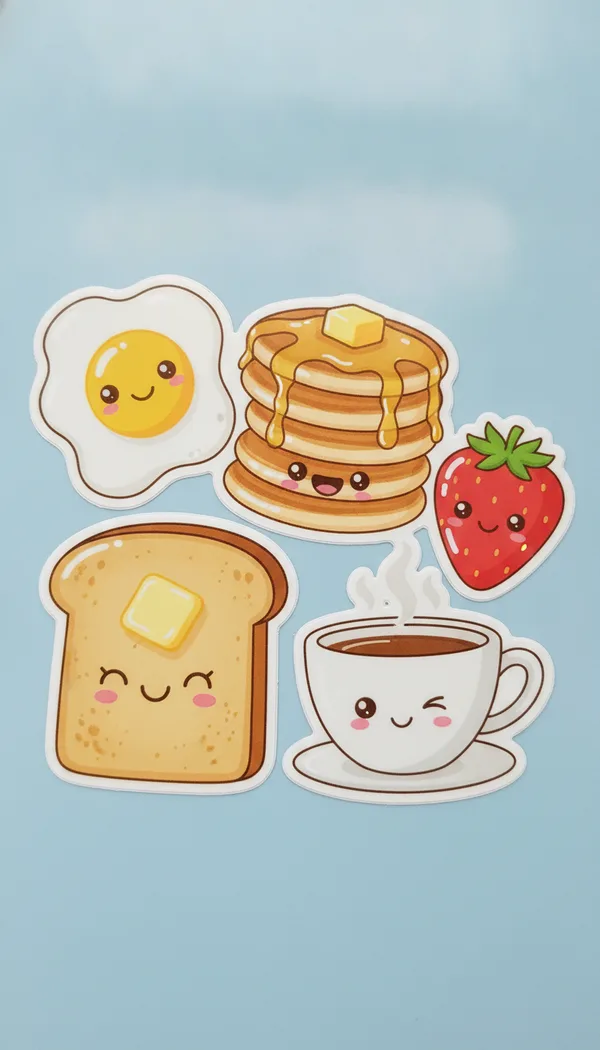 Die-cut stickers of a smiling egg, pancakes, toast, a strawberry and a coffee cup on a pastel blue background.