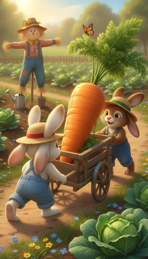 Two bunnies in overalls and straw hats pulling a huge carrot on a wooden cart through a vegetable garden.