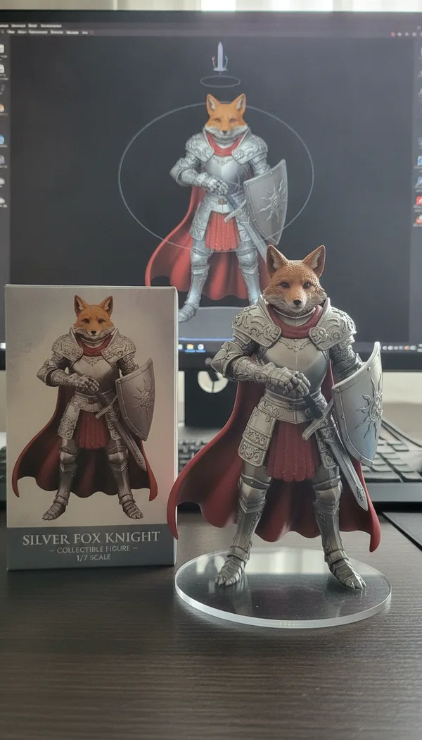 A fox knight figurine on a clear base on a desk, its toy box beside it and its 3D model on a screen.