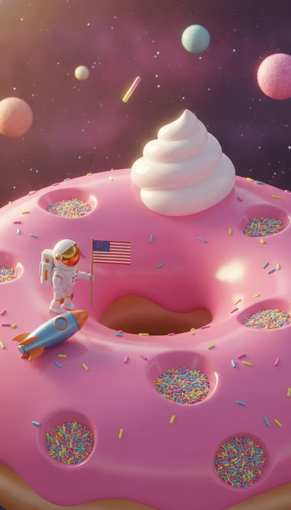 A tiny astronaut planting a flag on a planet shaped like a pink frosted donut with sprinkle craters and candy-colored moons.