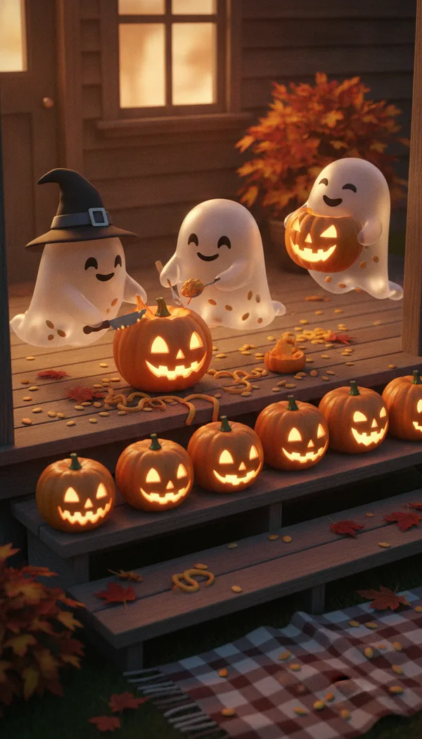 Three little ghosts carving jack-o-lanterns on a porch, one in a witch hat, with lit pumpkins on the steps.