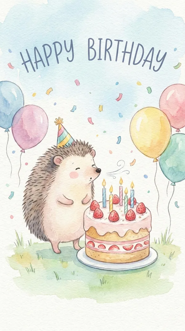 A watercolor birthday card of a hedgehog blowing out candles on a strawberry cake under Happy Birthday lettering.