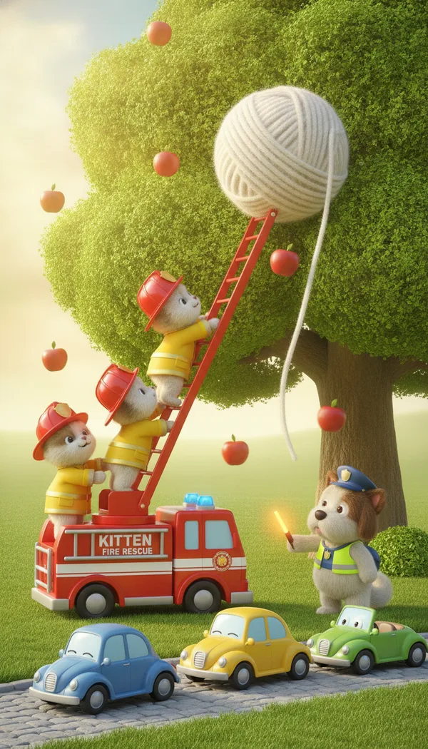 Three kittens in red helmets and yellow coats on a ladder from a little fire truck, rescuing a ball of yarn from an apple tree.