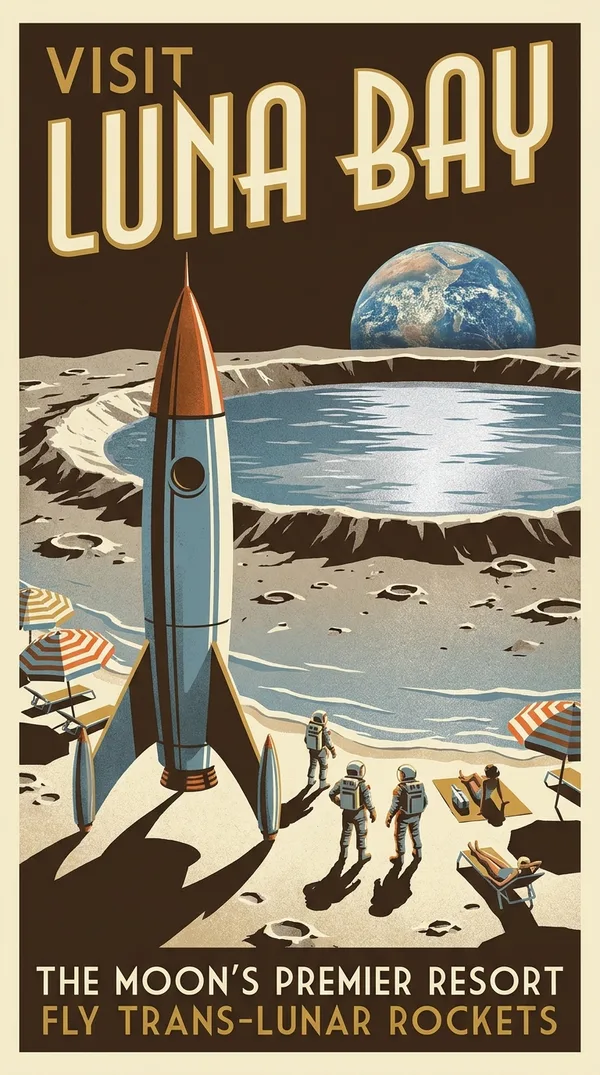 A vintage travel poster reading Visit Luna Bay, with a rocket on a crater beach and Earth over the sea.