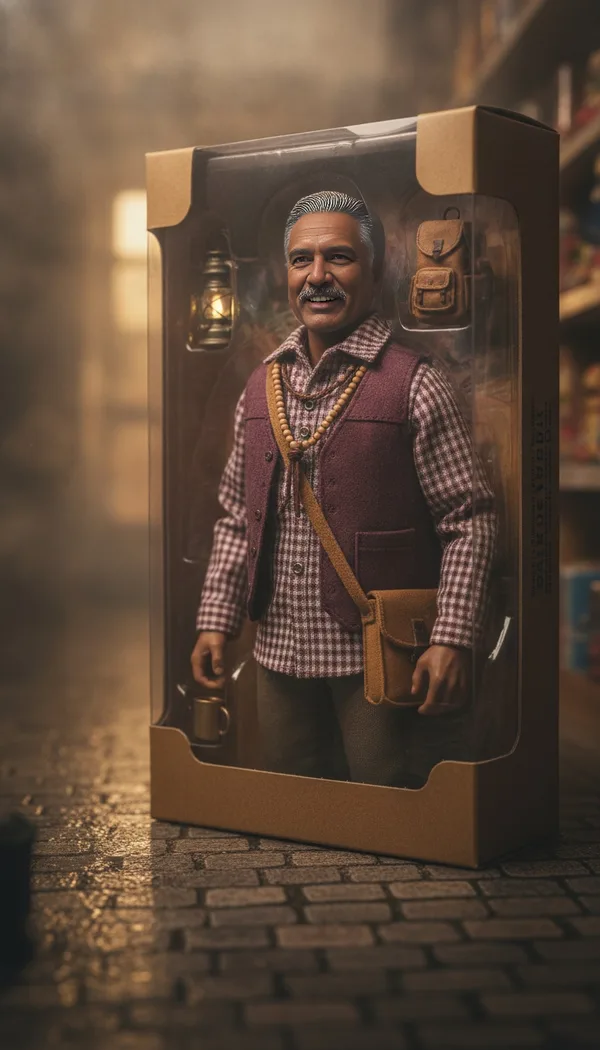 A man posed like an action figure inside a cardboard toy box with a lantern and camping gear.