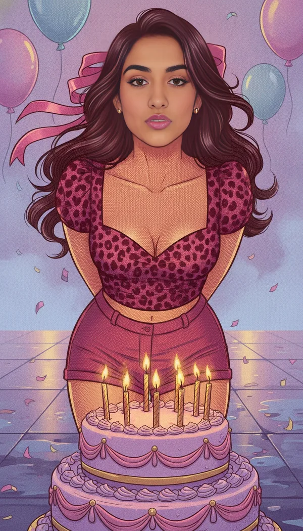 A pop art portrait of a woman blowing out the candles on a giant tiered birthday cake, balloons around her.