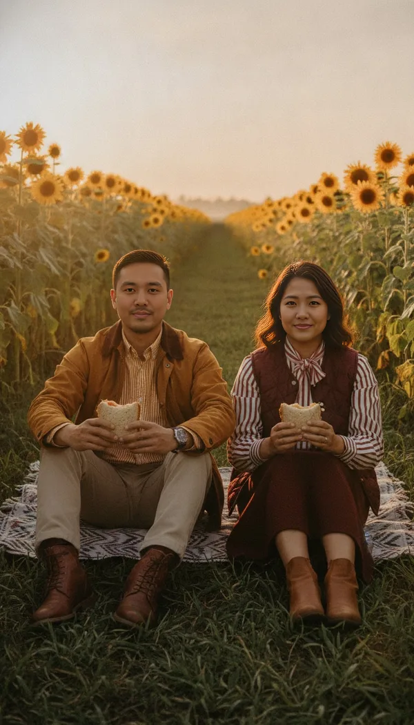 A couple sharing sandwiches on a picnic blanket in a field of sunflowers at golden hour.