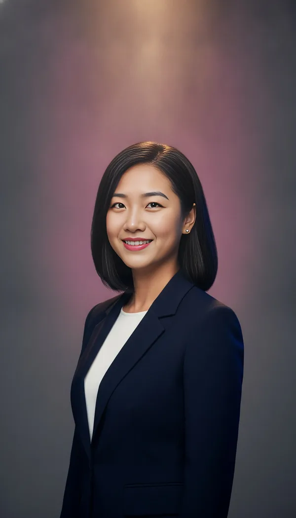 A smiling woman in a navy blazer in a studio headshot against a soft gray backdrop.