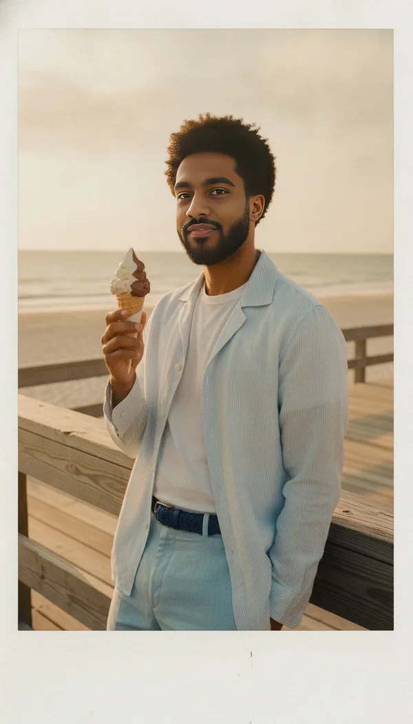 A smiling man holding an ice cream cone on a beach boardwalk, framed like a faded instant photo.