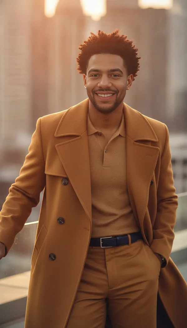 A smiling man in a camel coat on a city rooftop at sunset, the skyline behind him.