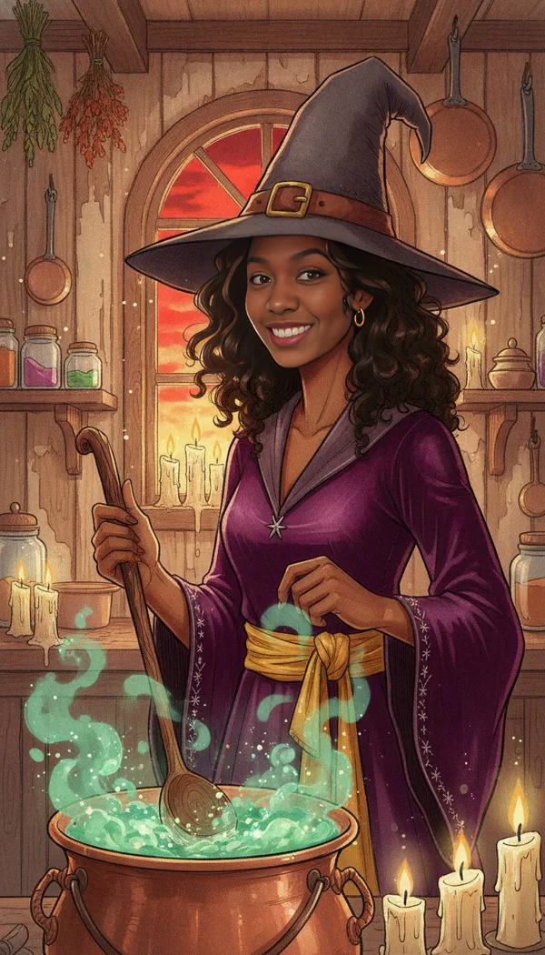 An illustrated witch in a purple hat stirring a glowing green cauldron in a candlelit cottage kitchen.