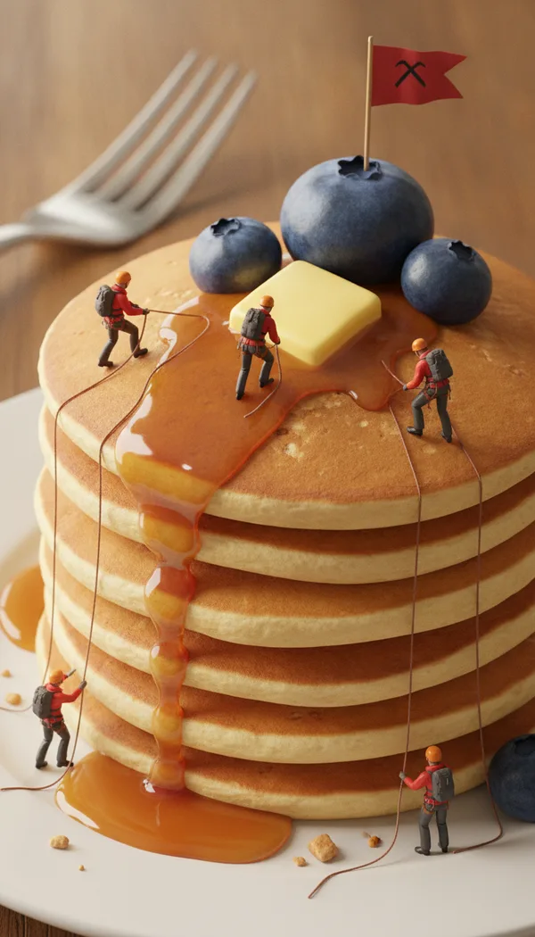 Tiny climbers in red jackets scaling a giant stack of pancakes past a butter glacier and a syrup waterfall.