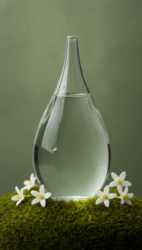 A raindrop-shaped glass perfume bottle on wet moss with tiny white flowers, on a sage background.