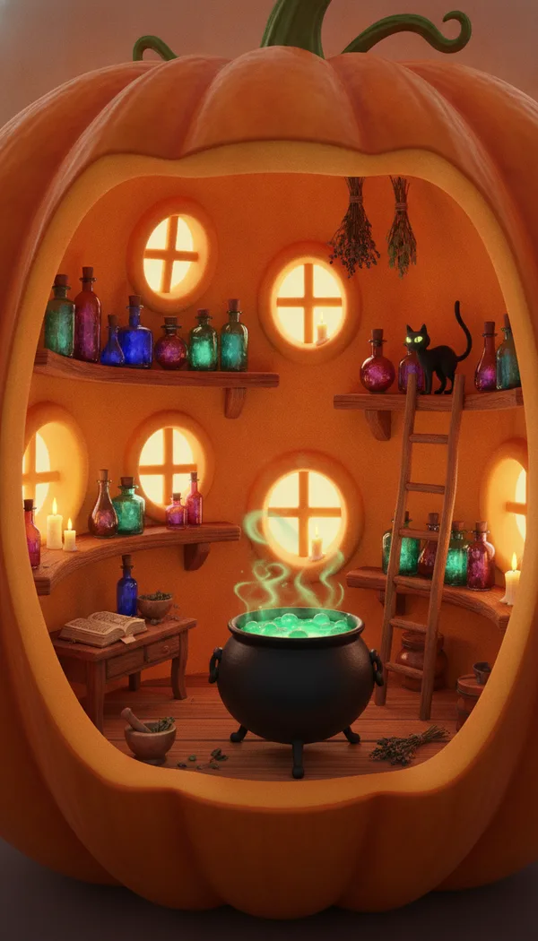 A cutaway of a witch's potion shop inside a giant pumpkin, with a green cauldron and a black cat on a ladder.