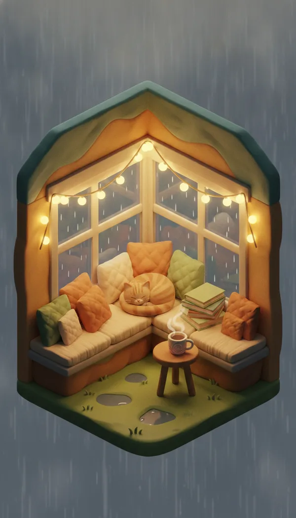 An isometric cutaway of a cozy window seat with cushions, string lights and a sleeping cat, rain outside.
