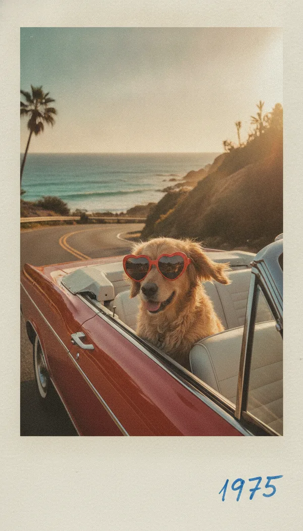 A faded instant photo of a golden retriever in heart sunglasses riding in a red convertible by the sea.