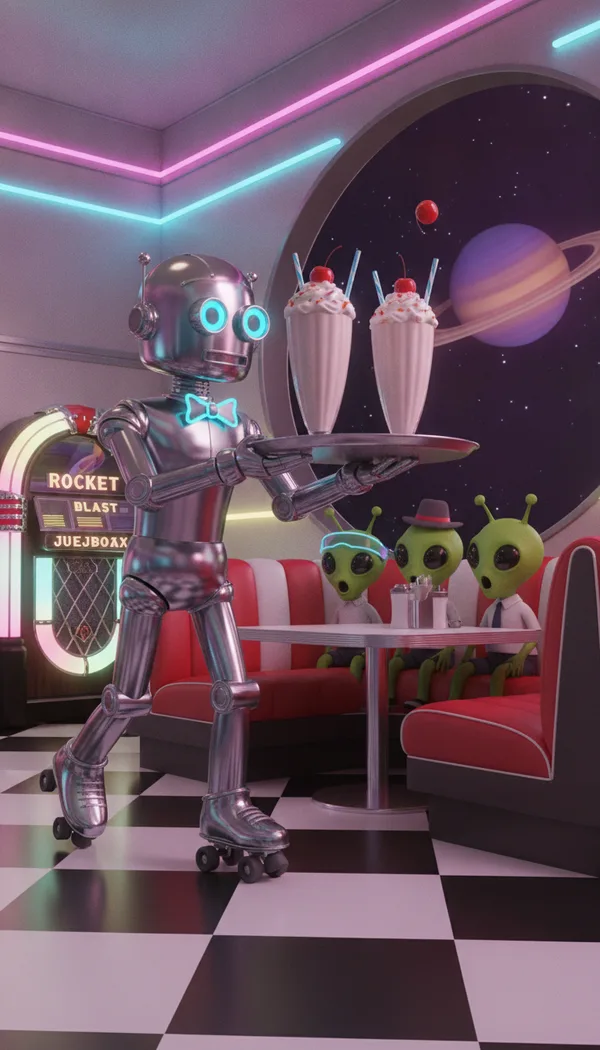 A chrome robot waiter on roller skates bringing milkshakes to three green aliens in a retro space diner.
