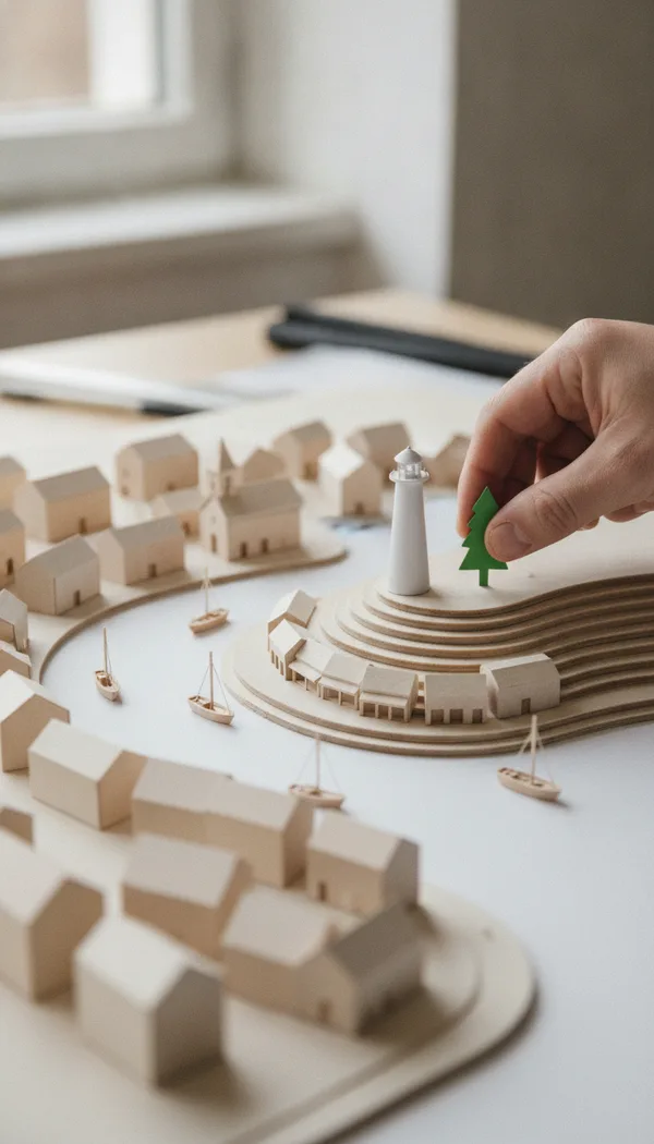 A pale wooden architecture model of a seaside town with a lighthouse, and a hand placing a tiny tree.