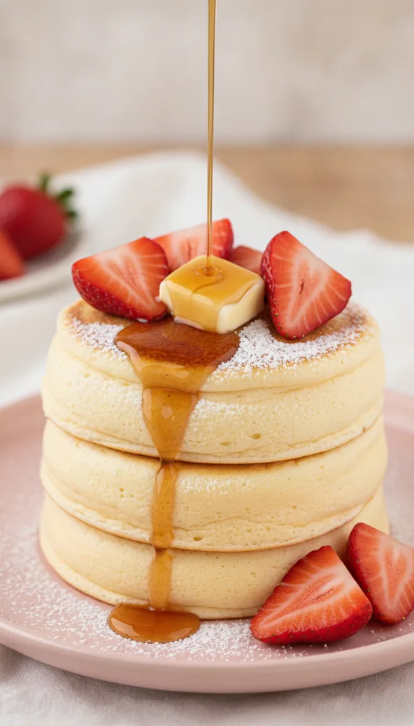 Three tall souffle pancakes with strawberries and butter, maple syrup pouring over the top.