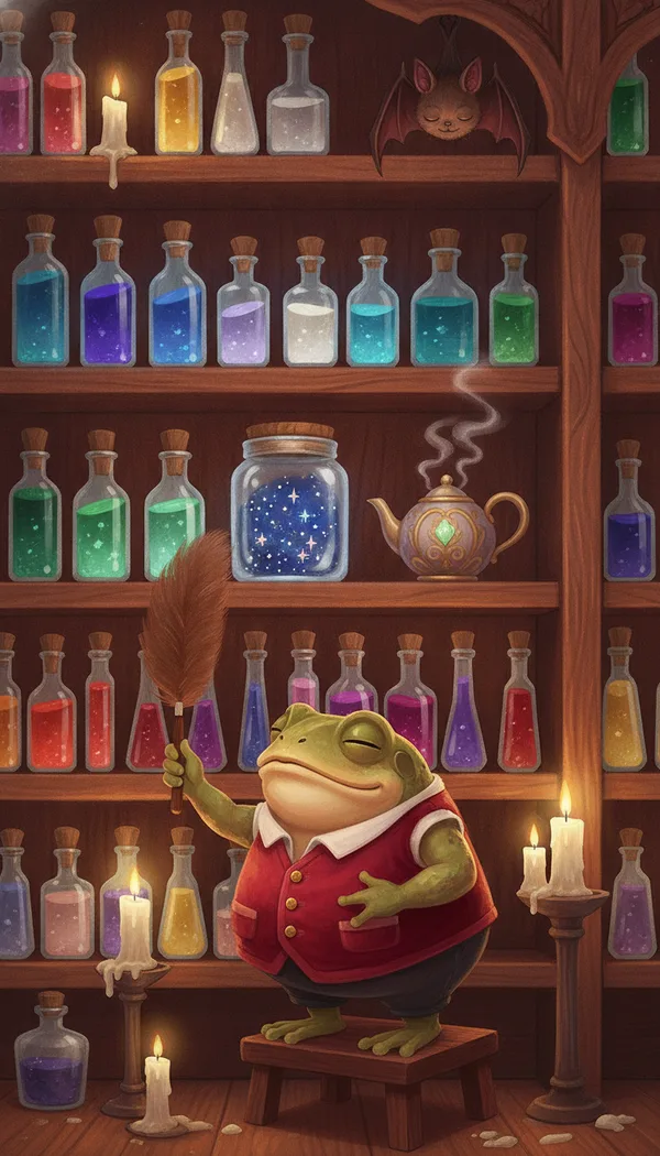 A toad in a velvet vest dusting shelves of glowing potion bottles in a candlelit magic shop.