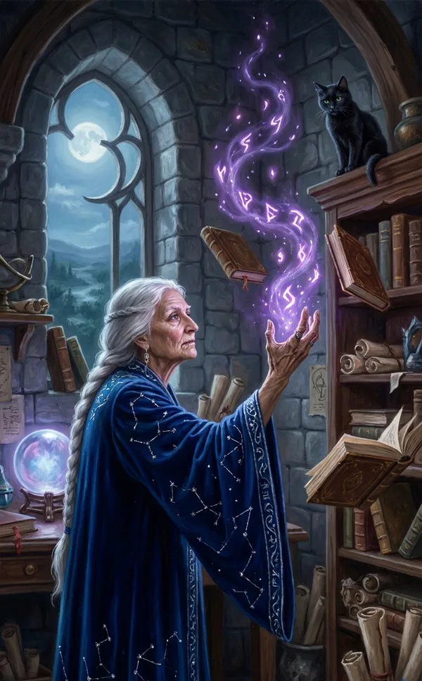 A sorceress with a long white braid casting glowing violet runes in a tower library with floating books and a black cat.