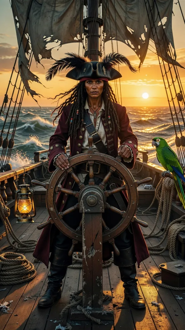 A pirate captain with long locs and a tricorn hat at a ship's wheel at sunset, with tattered sails and a green parrot.