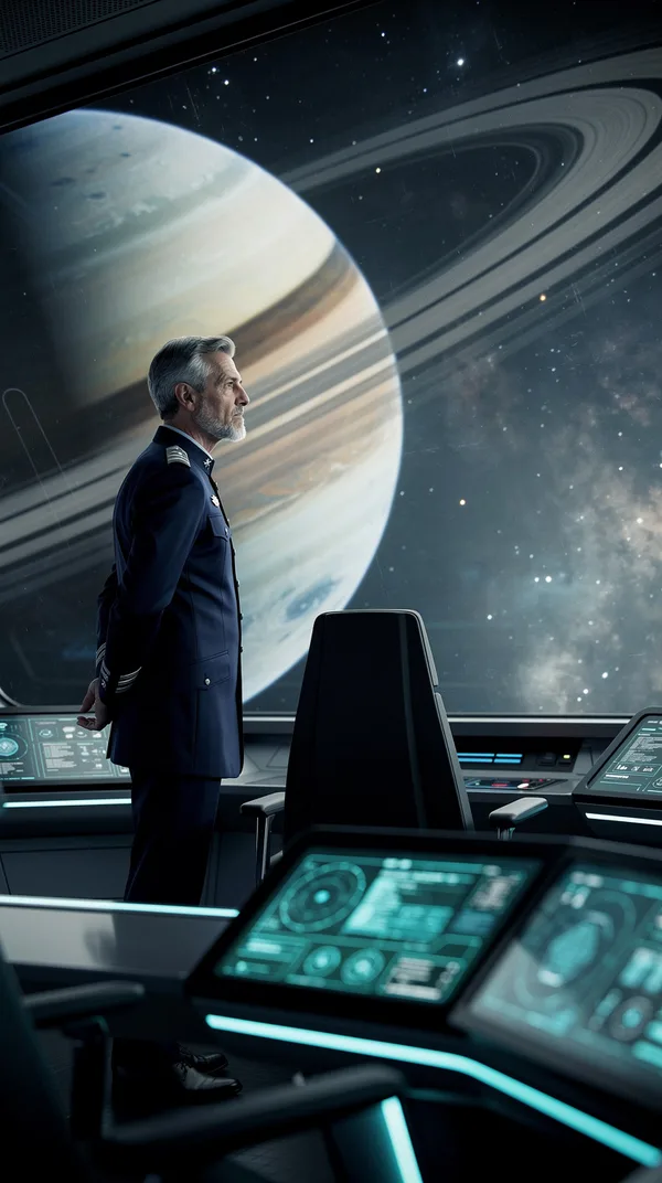 A grey-haired starship captain in a navy uniform at a bridge window with glowing consoles and a ringed planet outside.