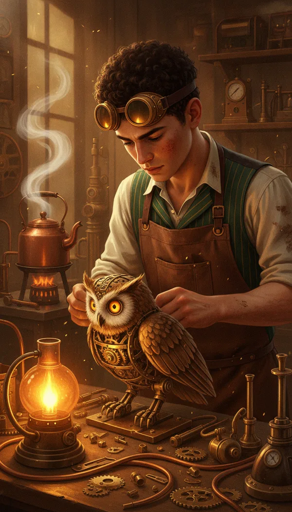 A young inventor in brass goggles and a leather apron building a clockwork owl at a workbench full of gears and copper pipes.