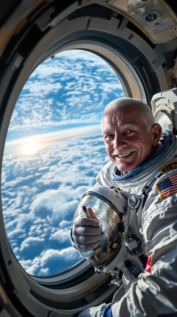 An older astronaut with a white buzz cut floating by a space station window with Earth and a sunrise below.