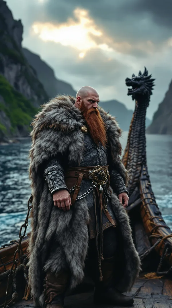 A Viking chieftain with a shaved head and braided red beard in a fur cloak at the prow of a longship on a stormy fjord.