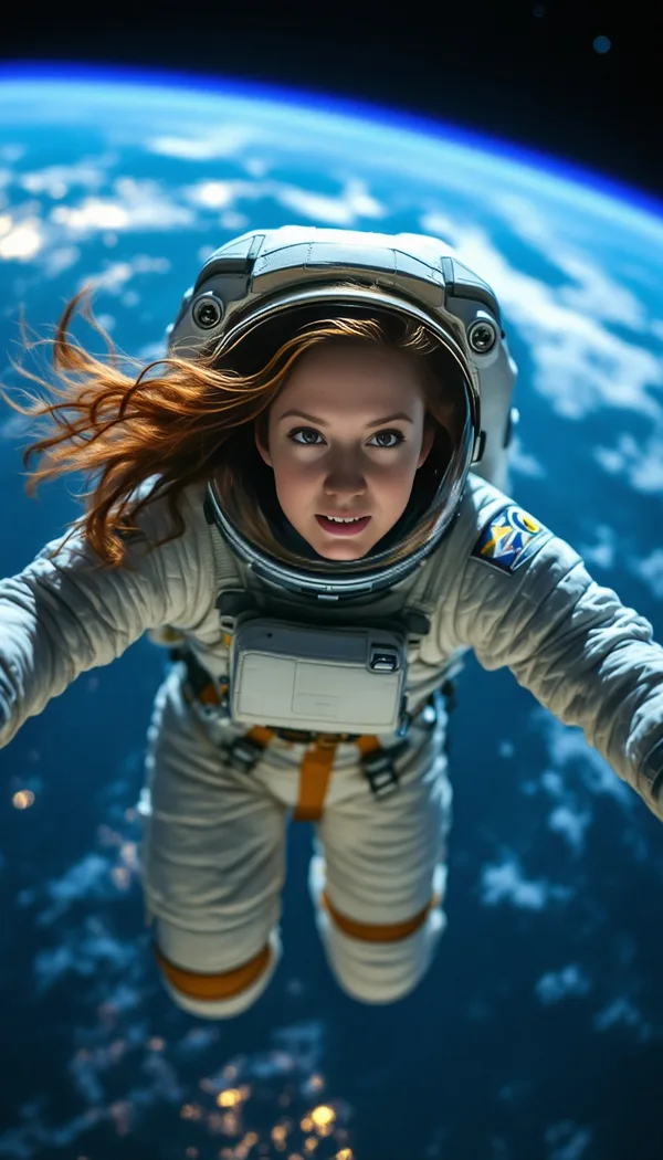 A woman astronaut floating in space with Earth glowing below