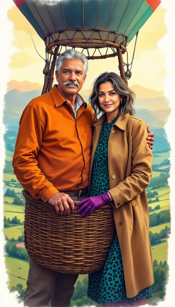 An older couple in a hot air balloon basket above a green valley, illustration