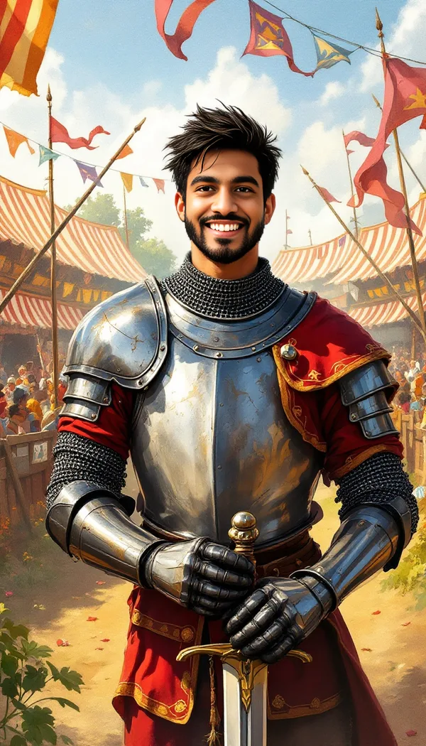 A smiling man in shining armor at a medieval tournament with banners and tents